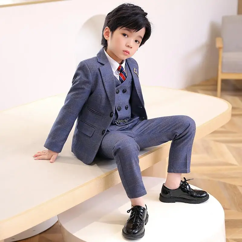 Children Formal Wedding Suit Kids Plaid Jacket Vest Pants Photograph Dress Boys Birthday Tuxedo Suit Children Graduation Costume