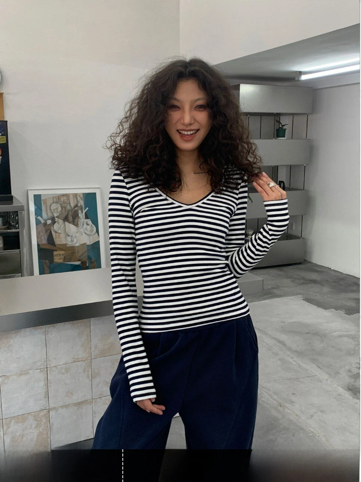 Slim Fit Long Sleeve V-Neck Striped T-Shirt Women's Base Layer Shirt American Style GO GO BURN Premium Feeling Autumn 2026
