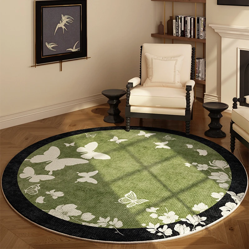 

French Style Bedroom Decor Round Carpet Flower Pattern Carpets for Living Room Anti-slip Cloakroom Soft Mat Washable Green Rug