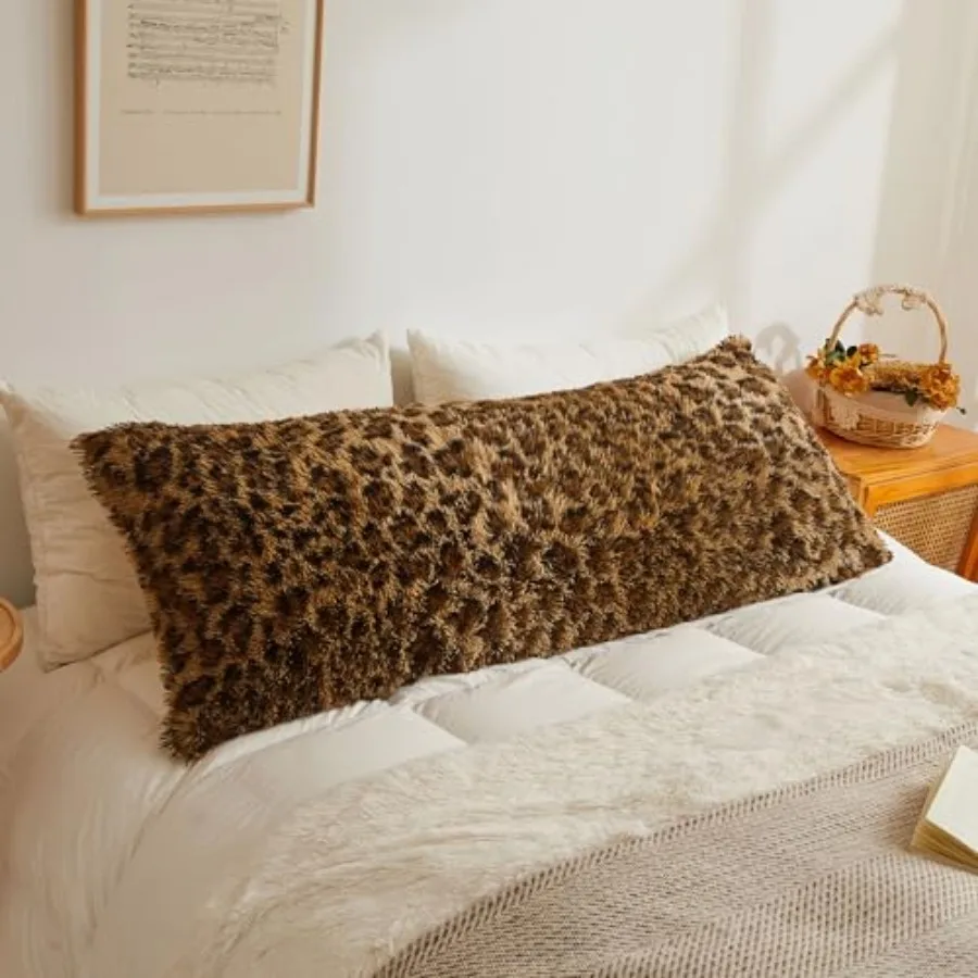 

20x54 Fluffy Leopard Print Body Pillow Cover, Plush Fuzzy Faux Fur Body Pillowcase with Zipper, Farmhouse Shaggy Furry Long Pil