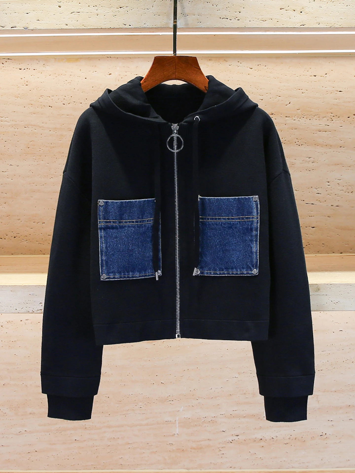 

High-End Women's Knitted Denim Hoodie Jaet with kets Autumn Design Sensation S Home South Oil Commute Sle Stand Fit