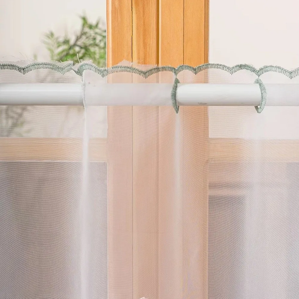 Farmhouse Style Sheer Cafe Curtain Semi Sheer Rod Pocket Kitchen Valance Curtain Floral Embroidered Short Length