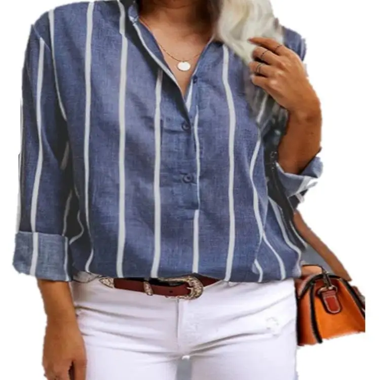 Women's Striped irt f Open Collar Long Sve Straight Cut Polyester Fiber Resistant to Deformation Summer Faion Ladie...