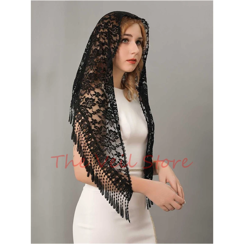 Triangle Lace Women Mantilla Church Veils Traditional Vintage Head Covering Black White Mass Long Tassels Edge Catholic Spanish