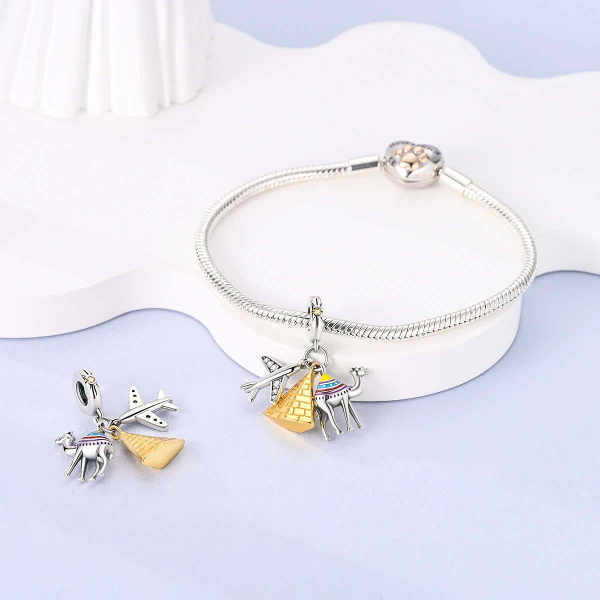 925 Sterling Silver Gold Pyramid Camel Airplane Dangle Charm Bead Enamel DIY Bracelet for Women Egypt Travel Theme Jewelry Gift