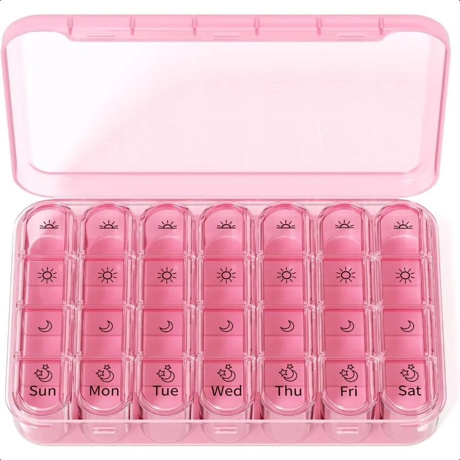 

Pill Organizer 4 Times a Day BPA Free Weekly Travel Pill Box Daily Pill Case with 28 Compartments to Hold Medicine Vitamin and