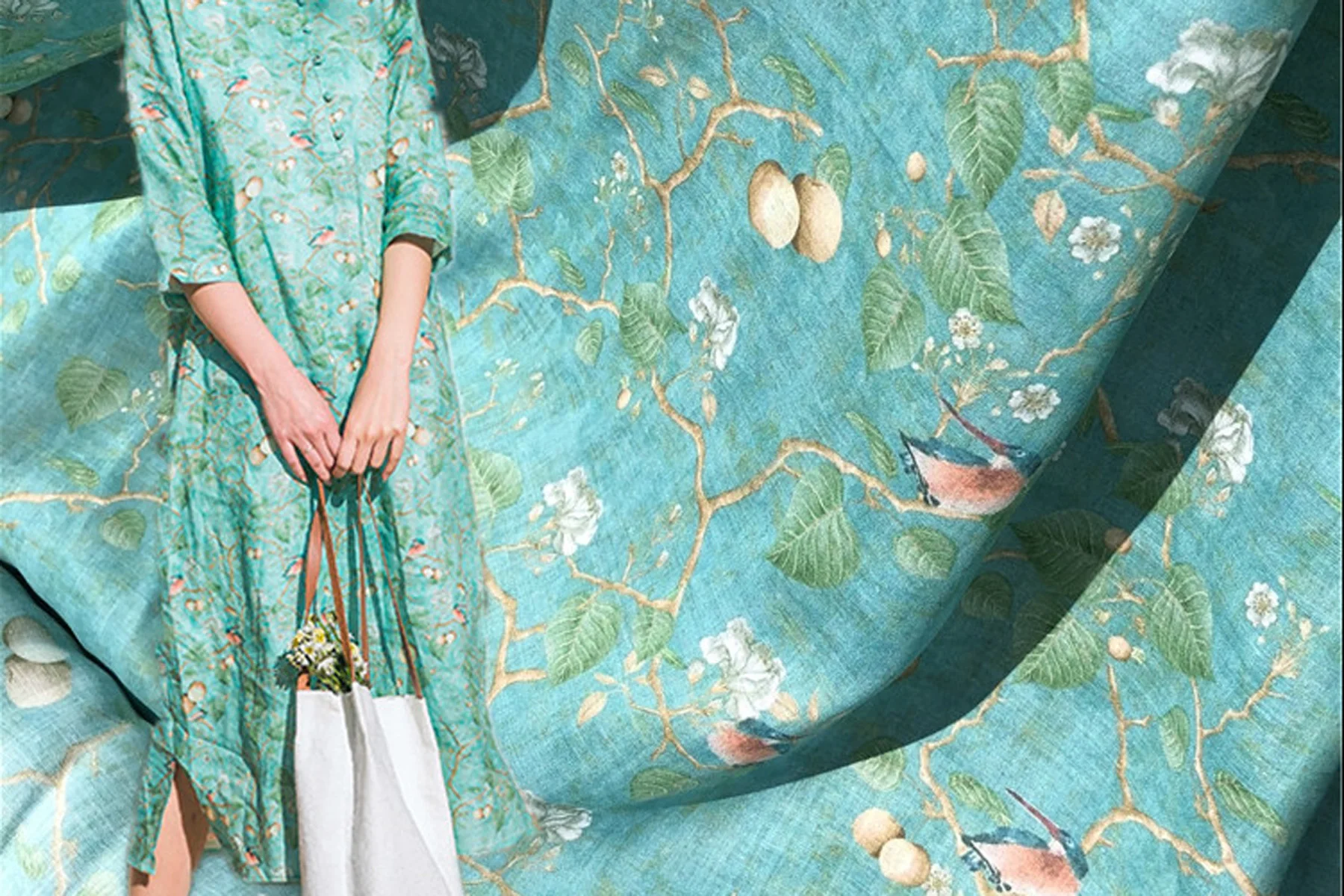 1yard High Quality Mint Bird fabric for patchwork Natural Pure Ramie tissu Summer thin Style Dress Gown clothes fabric