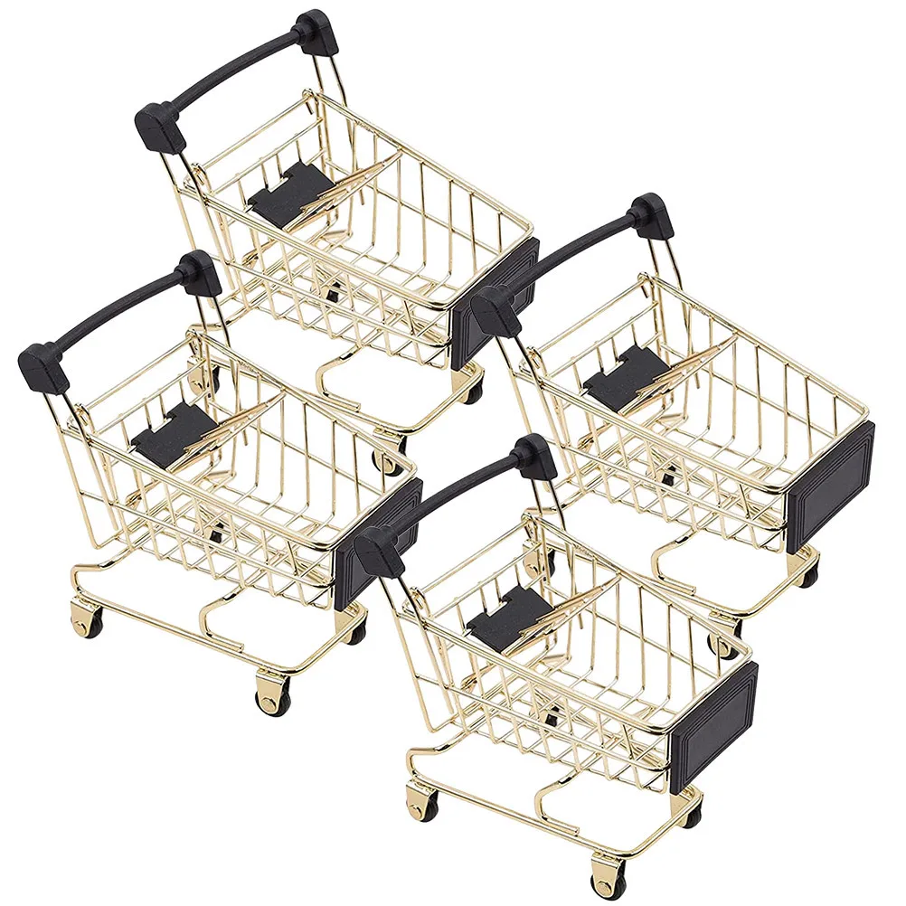 4 قطعة عربة التسوق المعدنية عربة سوبر ماركت صغيرة للأطفال التظاهر اللعب منظم سطح المكتب سلة التخزين عربة التسوق الصغيرة #1