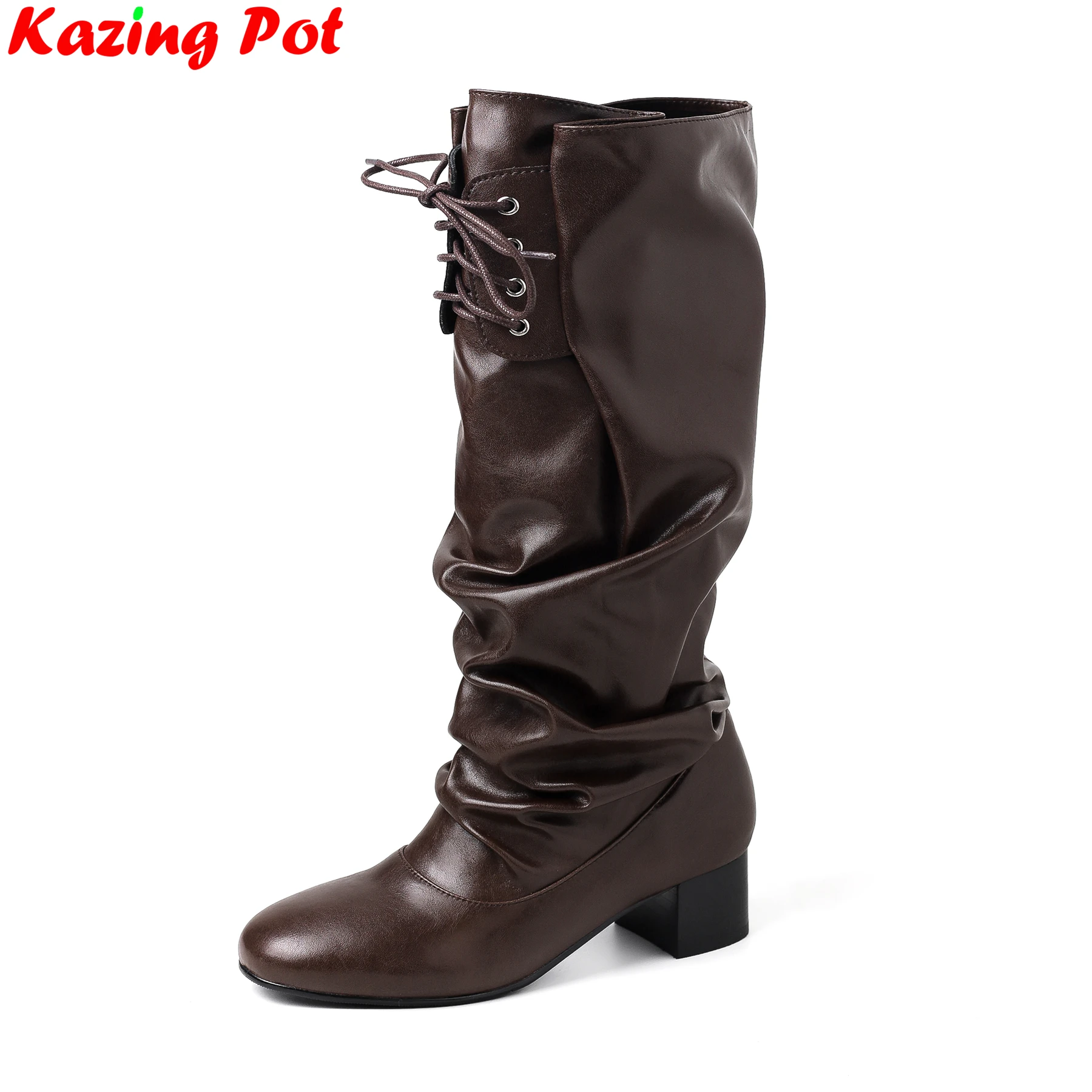 Cow Skin Round Toe Fashion Modern Riding Boots Dating Winter Shoe Med Heels Catwalk Nightclub Cross-tied Women Knee-high Boots