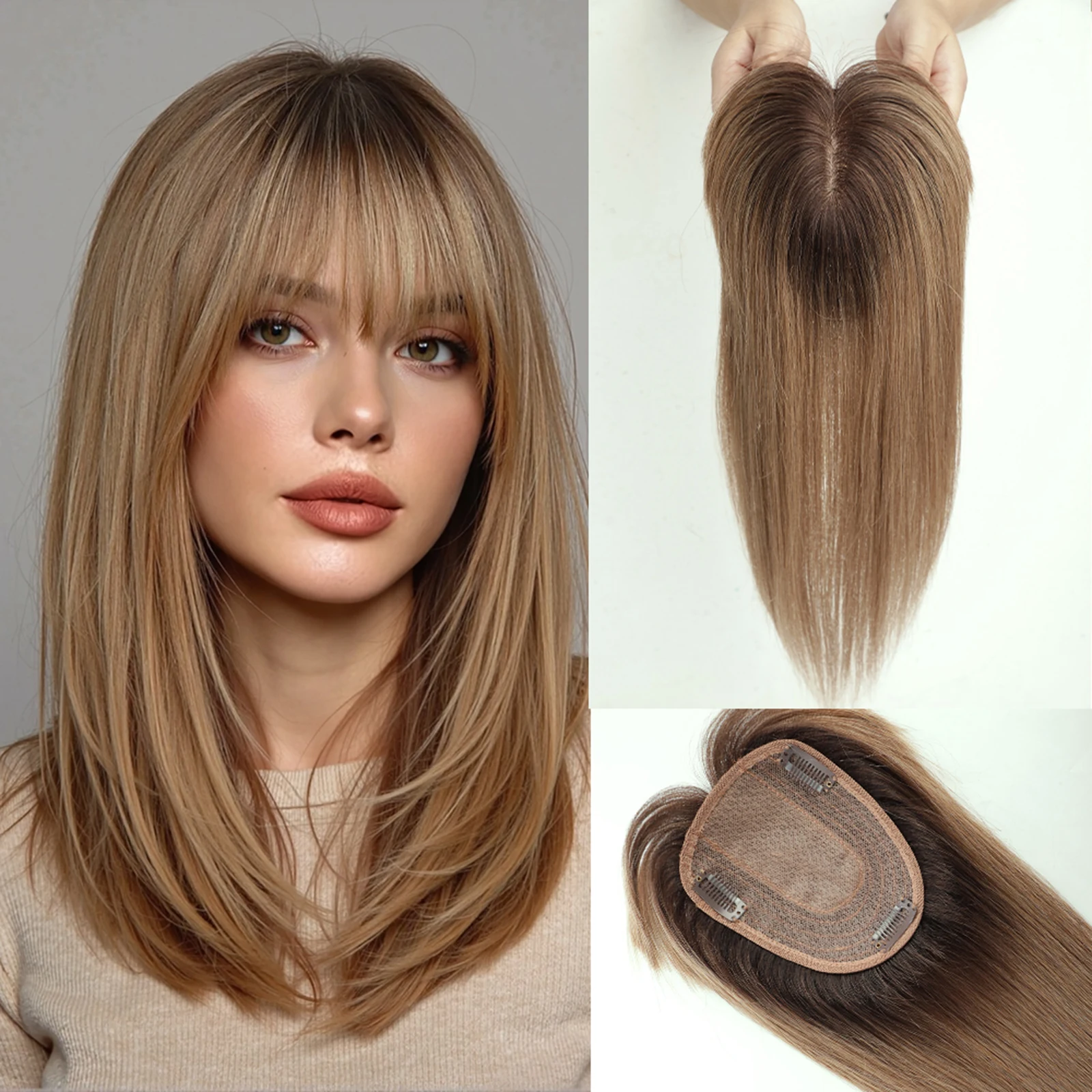 

Brown Ombre 14 In Straight Silk Base Top Human Hair Topper with Bangs Clips 100% Remy Hairpieces for Women HairToppers Female