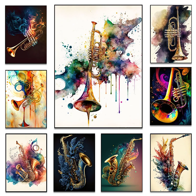 Affiche de saxophone de trompent de musique florale colorée vintage, peinture sur toile, art mural, gérer le studio, cadeau de d