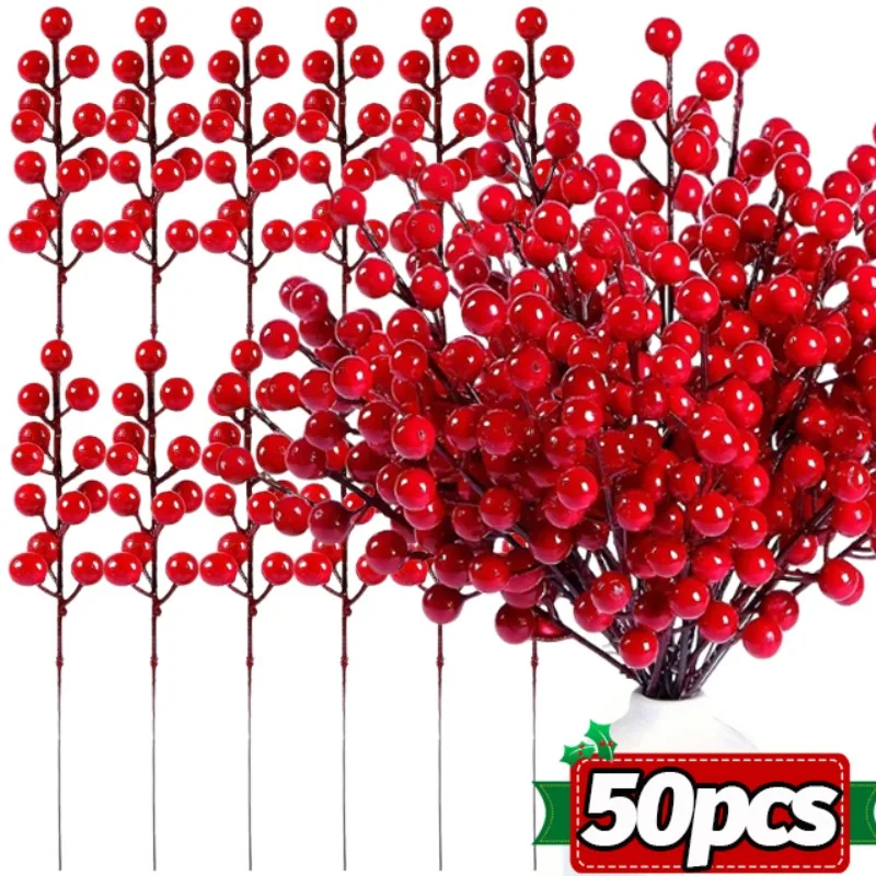 50/1PCS Red Christmas Berries Artificial Flowers Stamen Holly Berry Christmas Wreath Decoration Home Xmas New Year Gifts Decor