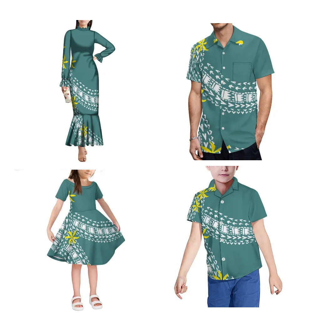 Polynesian Family Clothing Custom Wholesale Elegant Fishtail Dress Shirt Adult Children Dress Long Sleeve Long Skirt For Women