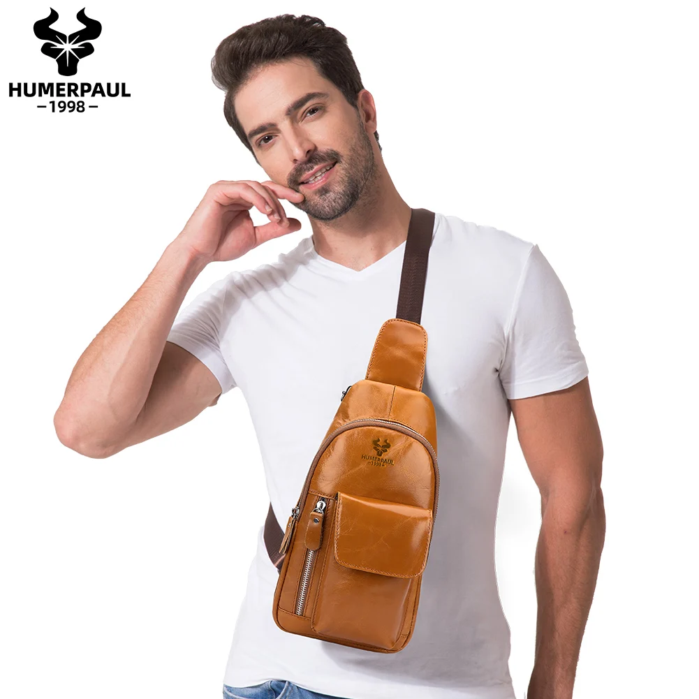 HUMERPAUL Genuine Leather Men's Chest Sling Bag Vintage Style Multi Pocket Messenger with Phone Bag Casual Shoulder Backpack