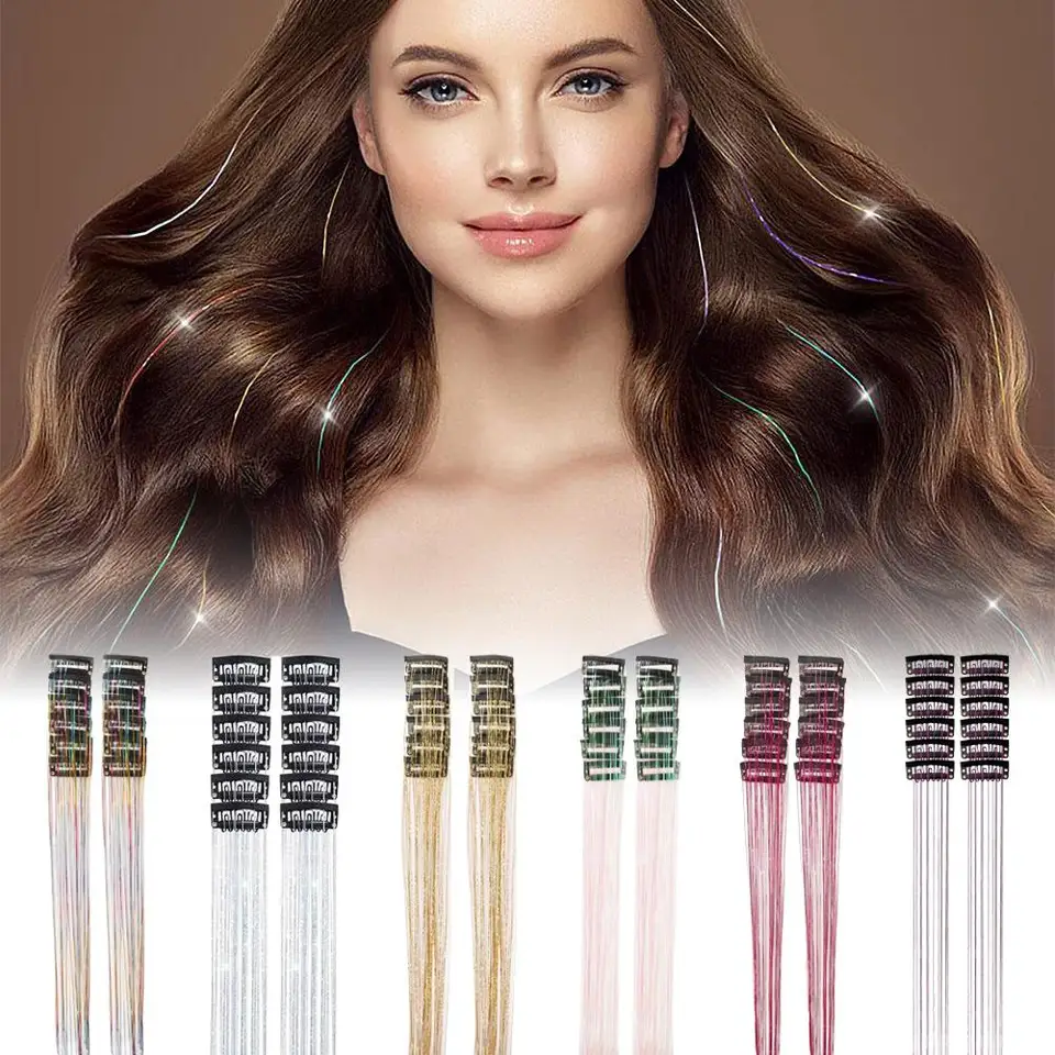 12 piezas tinsel de cabello con clip brillantina extensiones sintéticas para festivales fiestas accesorios 3