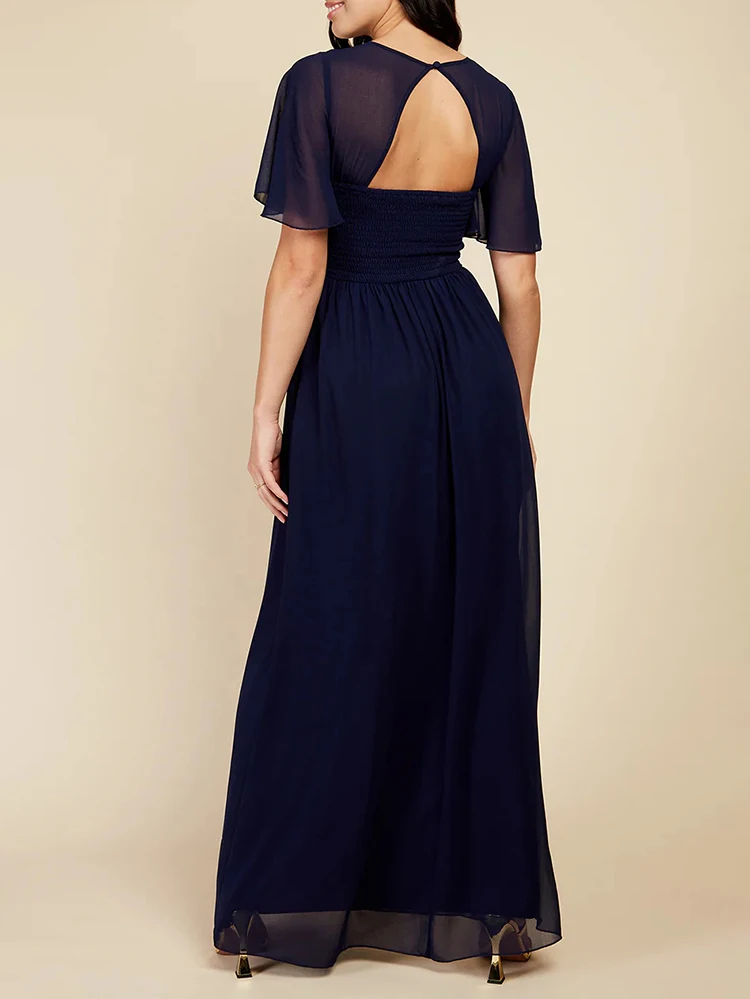 BLUEPLUM Elegant V-Neck Blue Chiffon Evening Dress 2024 Women Short Sleeve Bridesmaid Party Maxi Dress Long Luxury Prom Gown