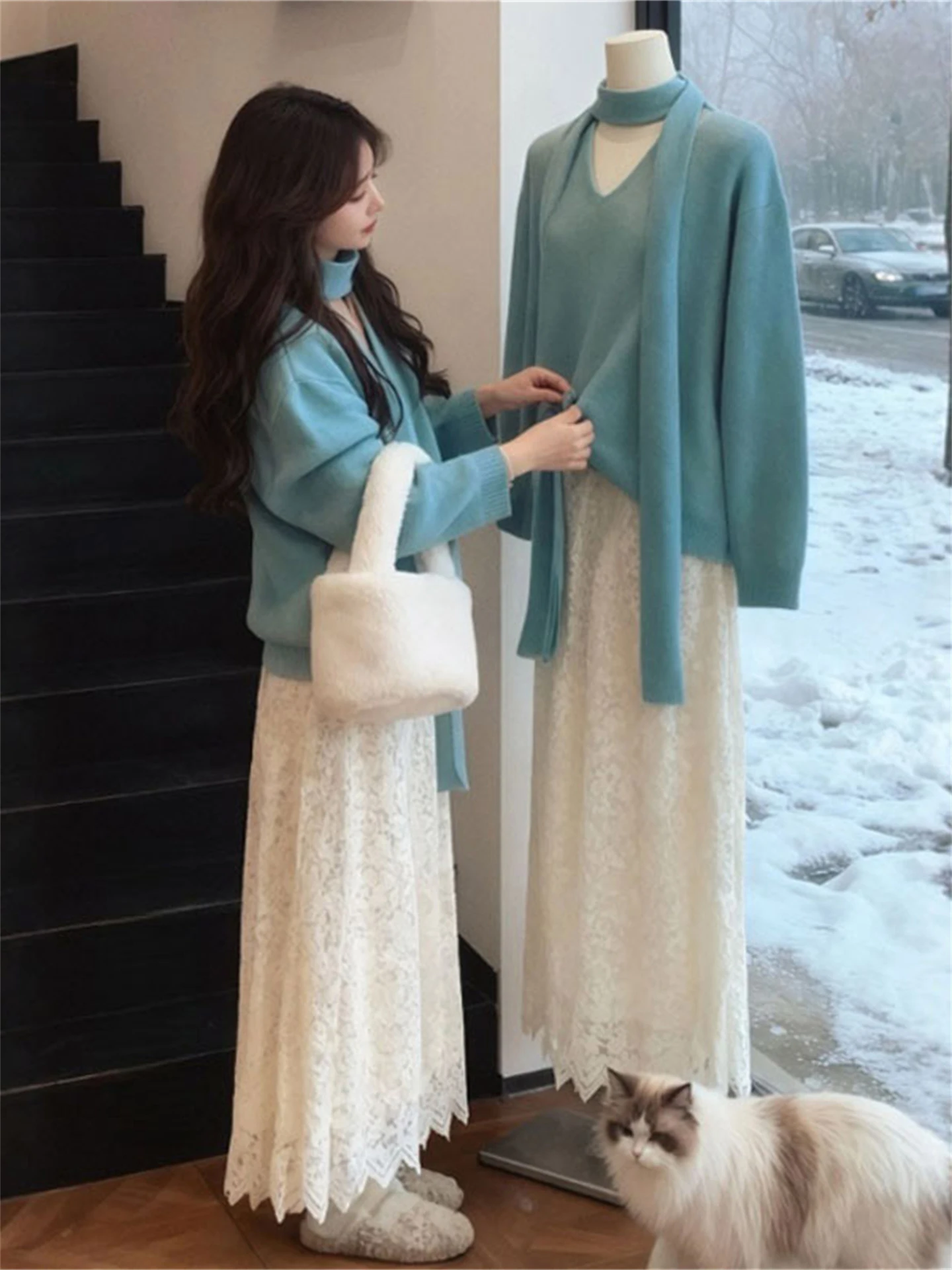 

Корейский комплект из двух предметов: свободный свитер и юбка с длинным рукавом и V-образным вырезом, серия Gentle, зимняя мода