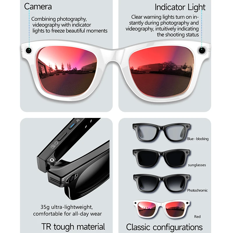 

2025 New Smart Glasses With Red Coated Lenses W610 800W HD Camera 32GB Photo Video Shooting AI Translation Recognition Glasses