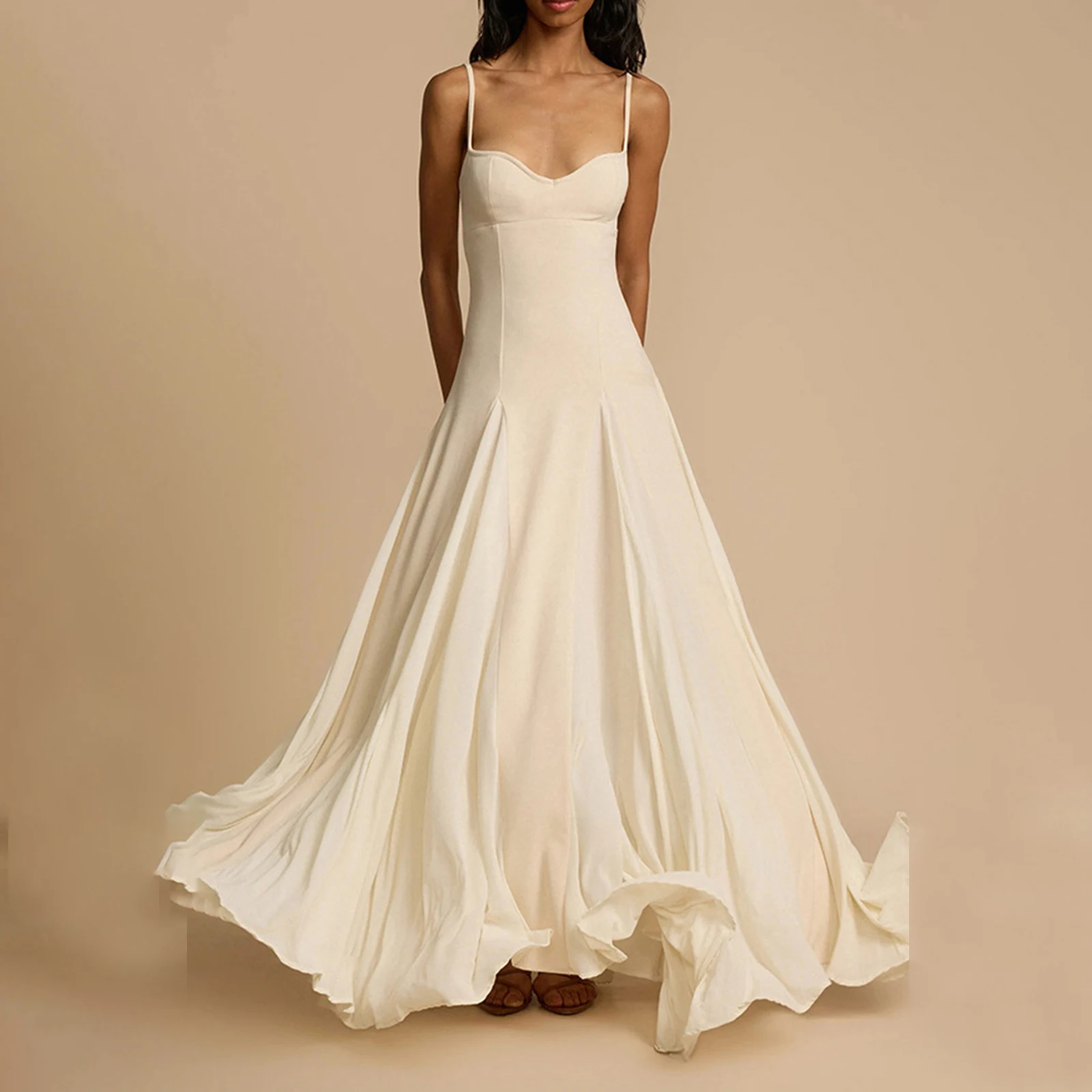 Vestido Feminino de Luxo de Verão Longo com Alça Fina Sem Mangas, Saia Ampla Casual Cor Sólida, Estilo Cami Moderno