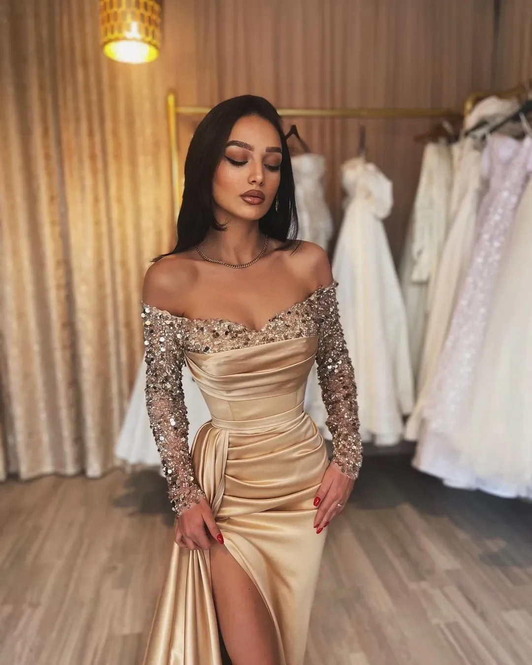 

Customized Off shoulder prom dresses long sleeves high split sequins party dress sweep train elegant evening gown