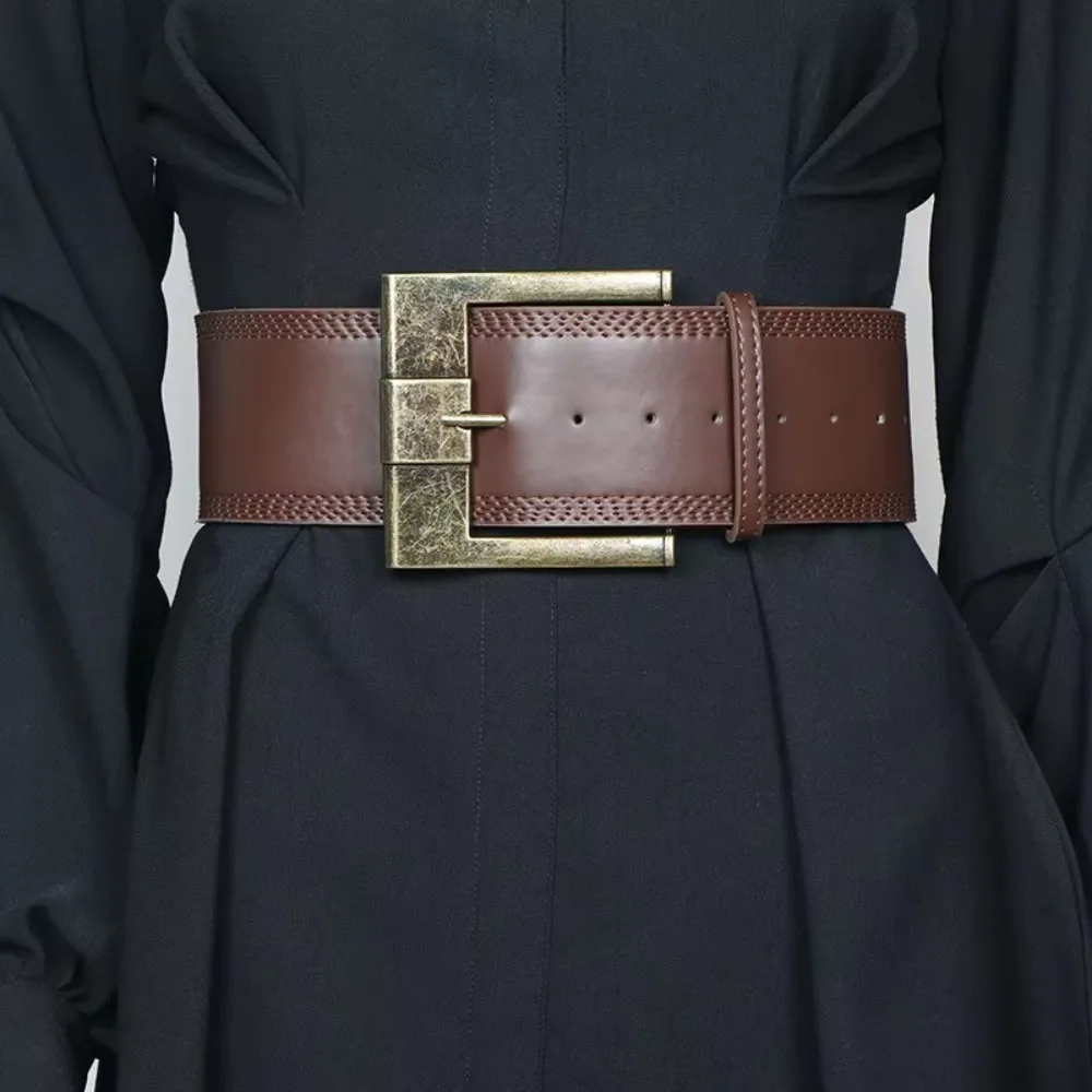 고품질 빈티지 와이드 웨이스트밴드 펑크 스타일 단색 여성 벨트 메탈 버클 PU 가죽 그런지 벨트 여성용