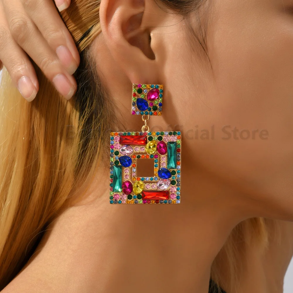 Colorful Rhinestone Square Pendant Earrings For Women Trend Luxury Design Vintage Jewelry Exaggerated Ear Accessories Girl Gift