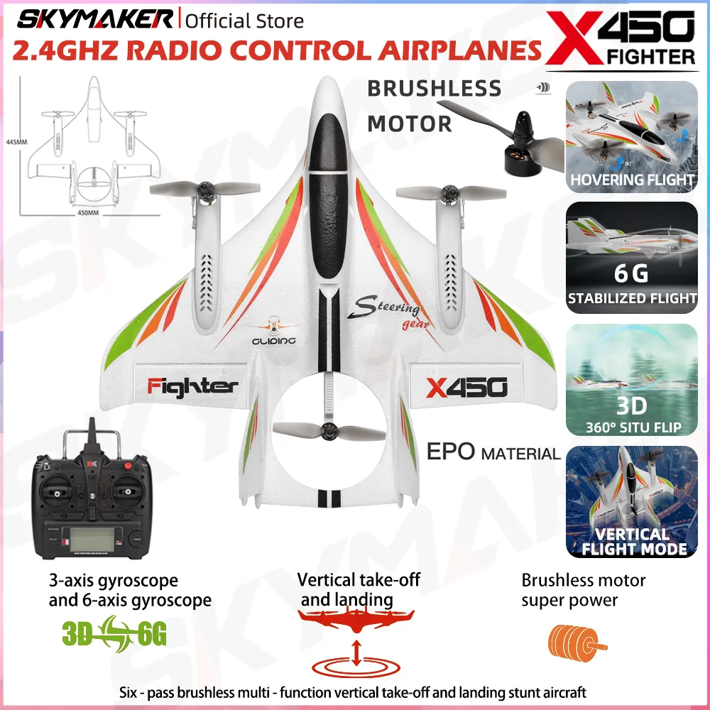 WLtoys XK X450 RC Airplane 2.4G Remote Contorl  6CH Brushless Fixed Wing 3D/6G Mode LED Stunt Aircraft RTF Vertical Takeoff Gift