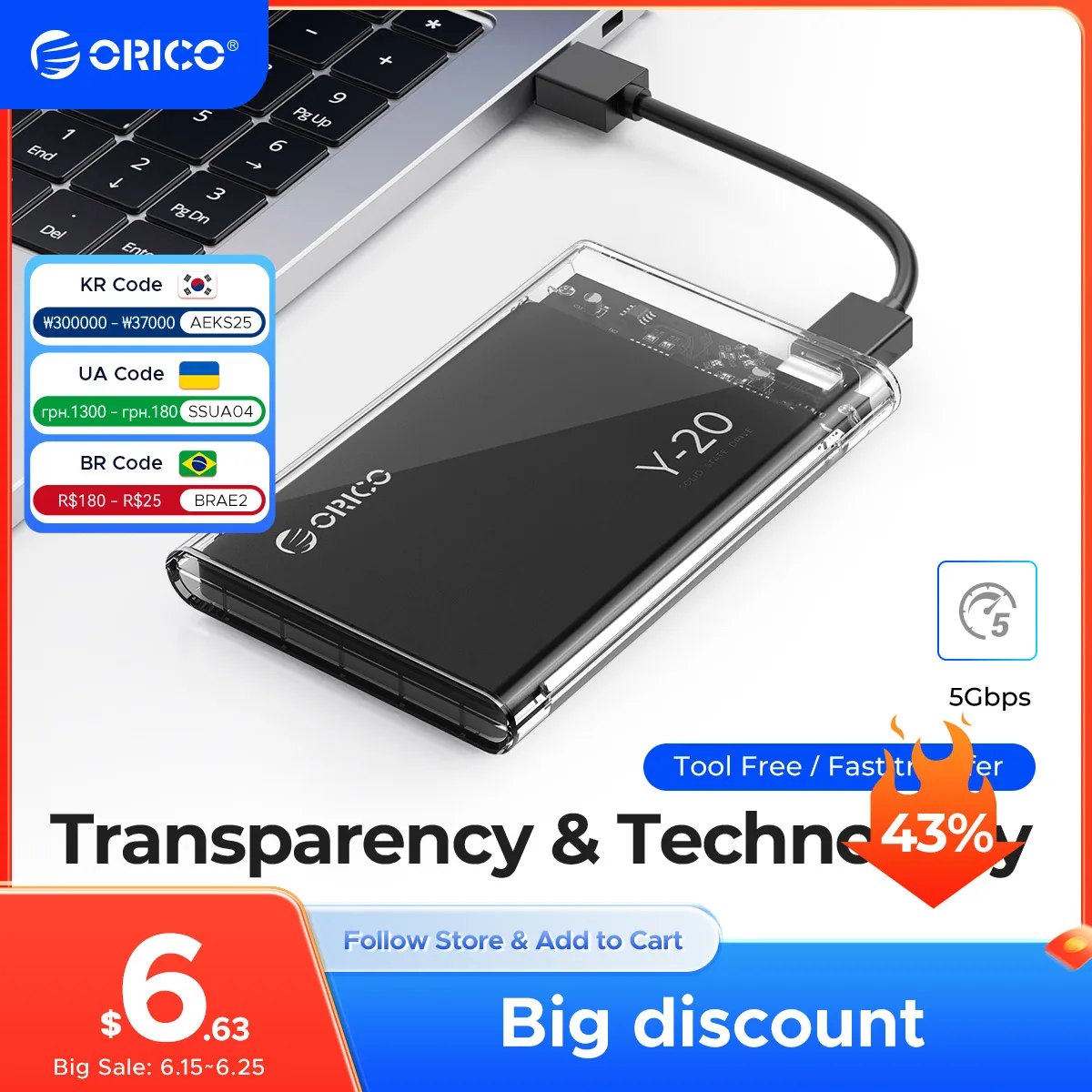 ORICO Transparent HDD Case SATA to USB 3.0 Hard Drive Case External 2.5'' HDD Enclosure for HDD SSD Disk Case Box Support UASP