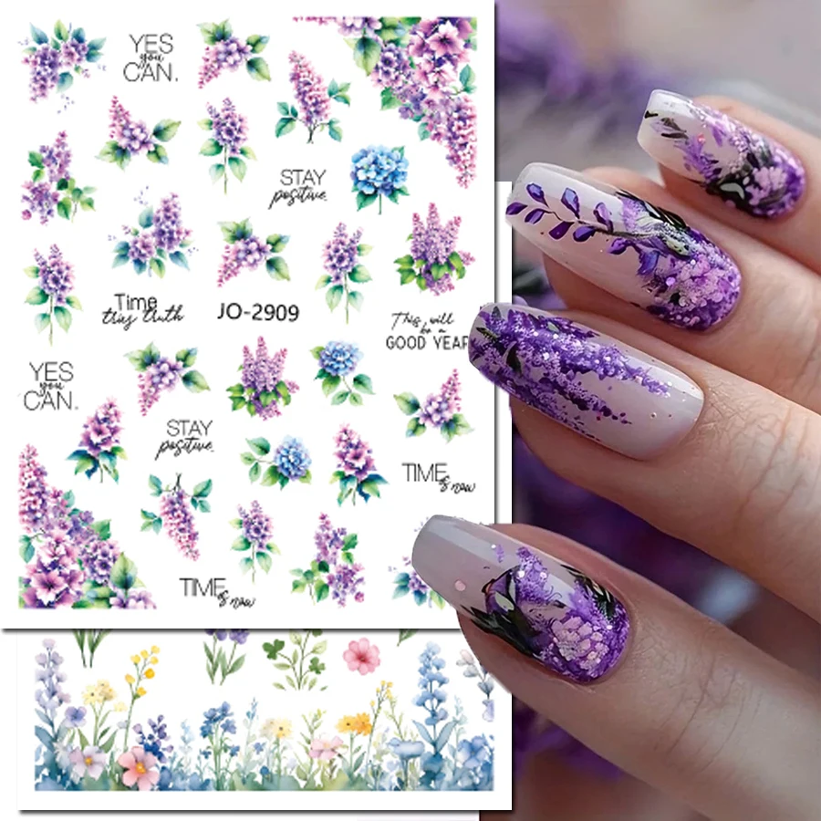 Calcomanías 3d para decoración de uñas, pegatinas de mariposas con flores moradas, azules y rosas, decoración para puntas de uñas, belleza