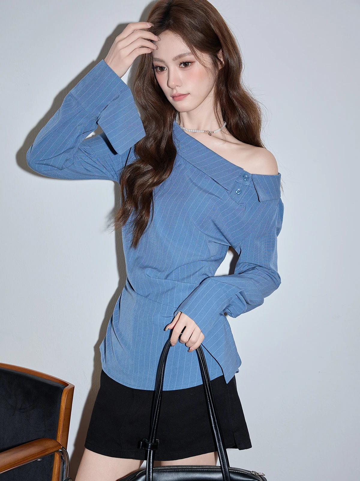 

Blue Striped Slim Fit irt Women's Long Sve Waist Cinched Spring New Design Korean Sle Faionable Slimming Top