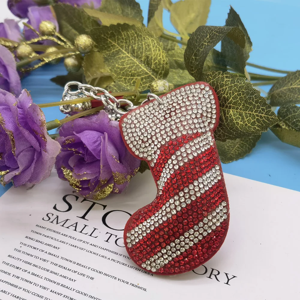 Creative Rhinestone Christmas Socks Keychain for Women Car Pendant Bag Charm Jewelry Accessory