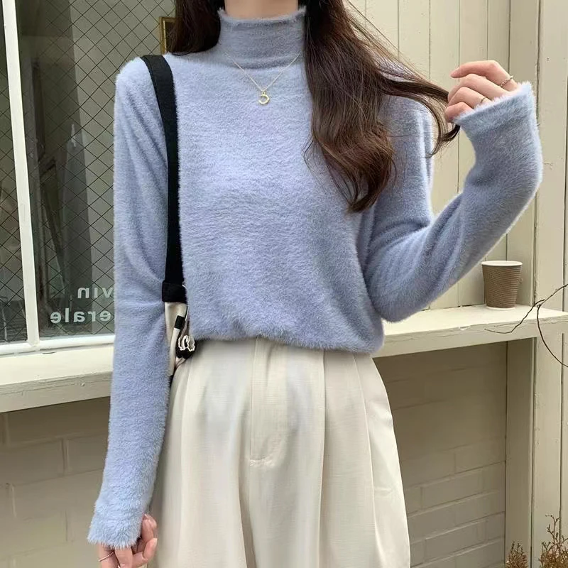 Solid Color Half Turtleneck Casual Basic Tops Women Velvet Knitted Sweater