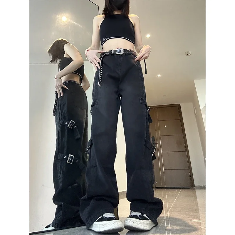 American retro cargo pants women's Baggy Jeans straight leg low rise summer women's vibe style high street Y2K denim pants