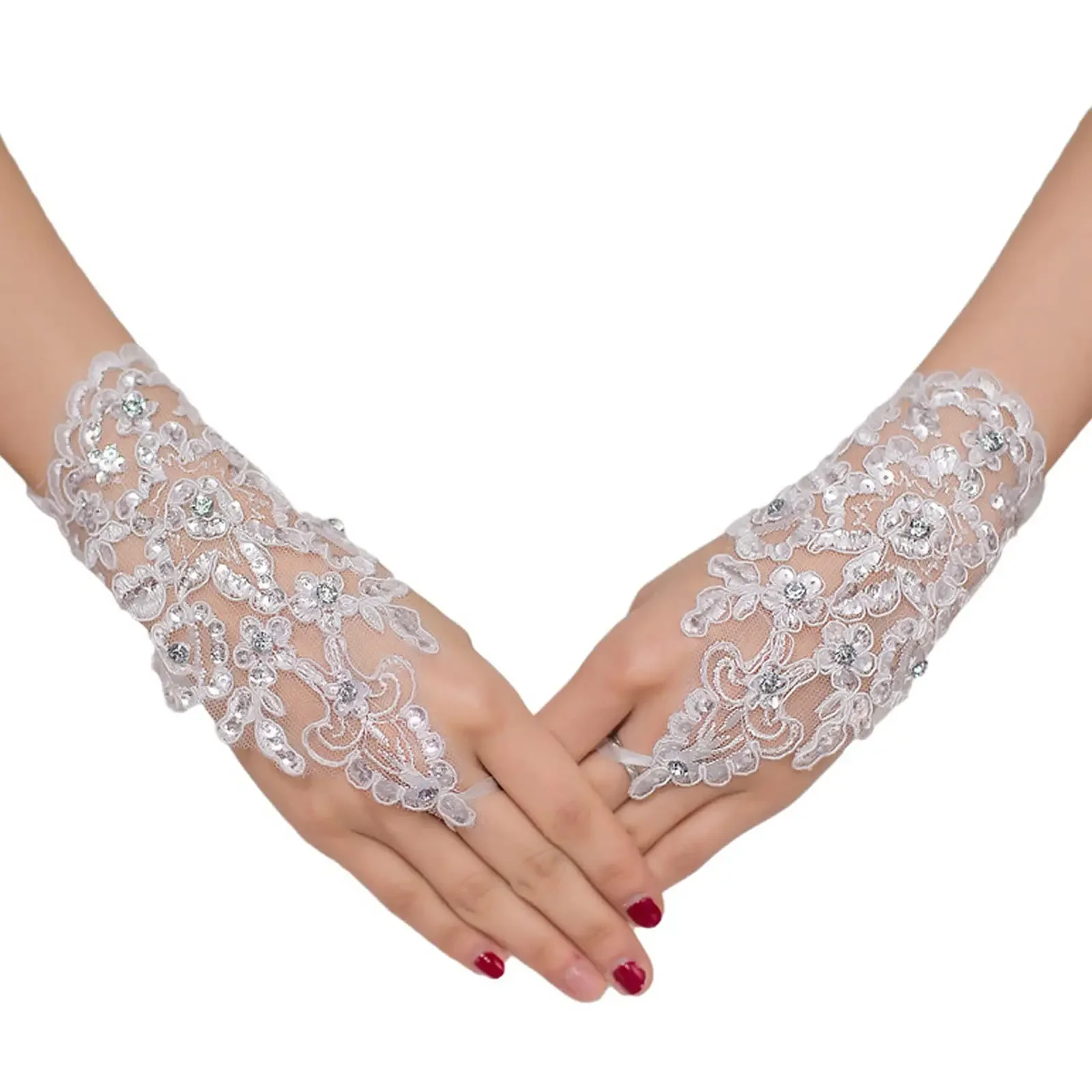 

High Quality Write Fingerless Short Paragraph Elegant Rhinestone Bridal Wedding Gloves 2025