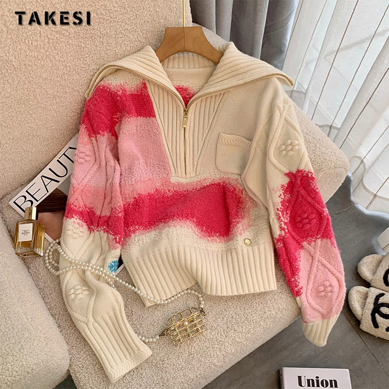 Korean Fashion Casual Y2K Tie Dye Knitting Long Sleeve Pullovers 2023 Autumn Winter Women Loose Half-turtleneck Zipper Sweater