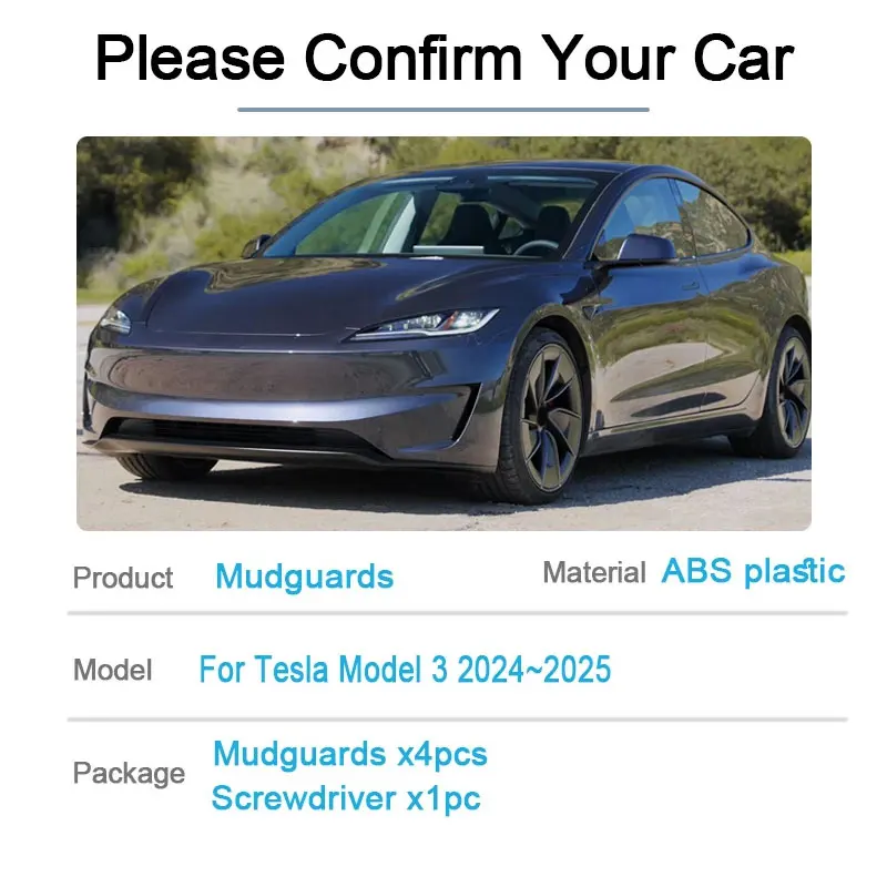 For Tesla Model 3 2024 Accessories 2025 Car Mudflaps Front Rear Mudguards Anti-splash Guards Fenders Wheel Protection Tools 4PCS