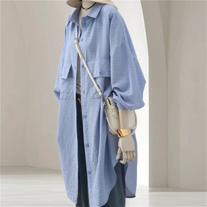 

Женские рубашки-блузки в полоску с карманами, средней длины, с длинными рукавами, отложным воротником, на одной пуговице, слегка эластичные, свободного кроя, Весна 2026