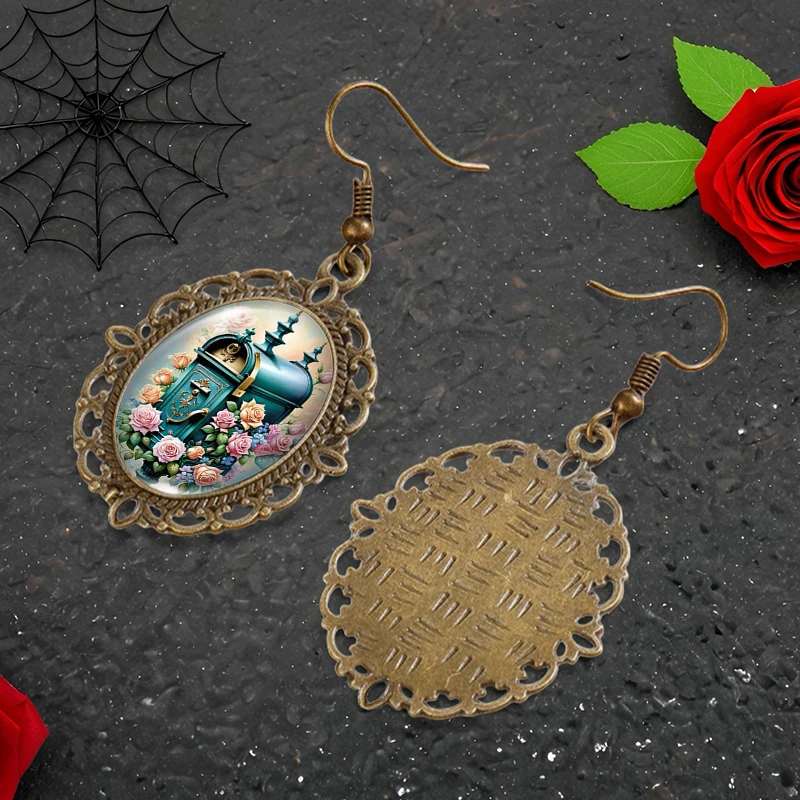 Green mailbox and roses Picture Oval Glass Cabochon Flower Shaped Fish Hook Earrings Handmade Gifts