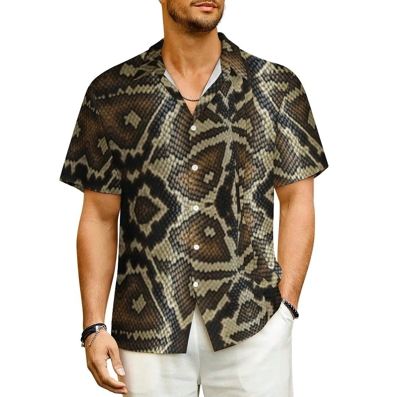 Hawaiian Shirt Vacation Snakeskin Print Blouses Grey And Brown Retro Casual Shirts Men Short Sleeves Fashion Oversized Clothing