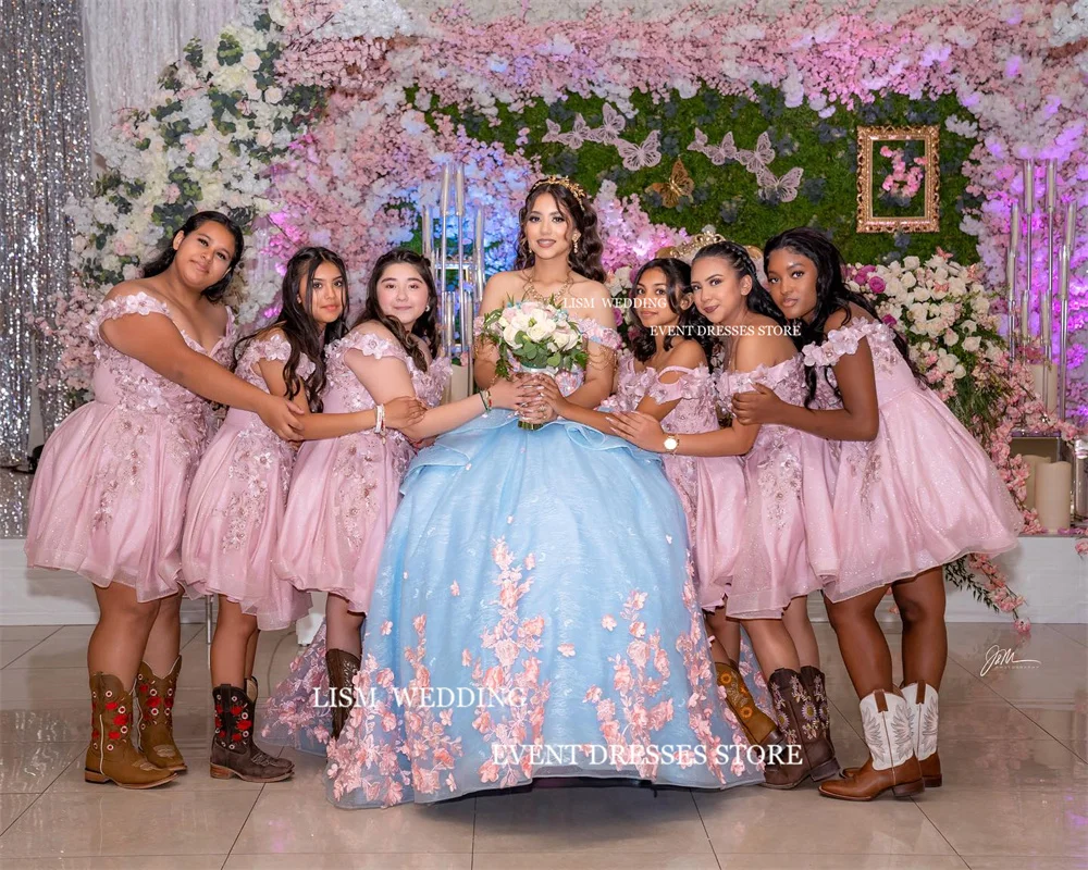 LISM Gorgeous Light Blue 15 Quinceanera Dresses Glitter Off The Shouder Sweetheart Ruffles A-Line Ball Gown Birthday Party Dress