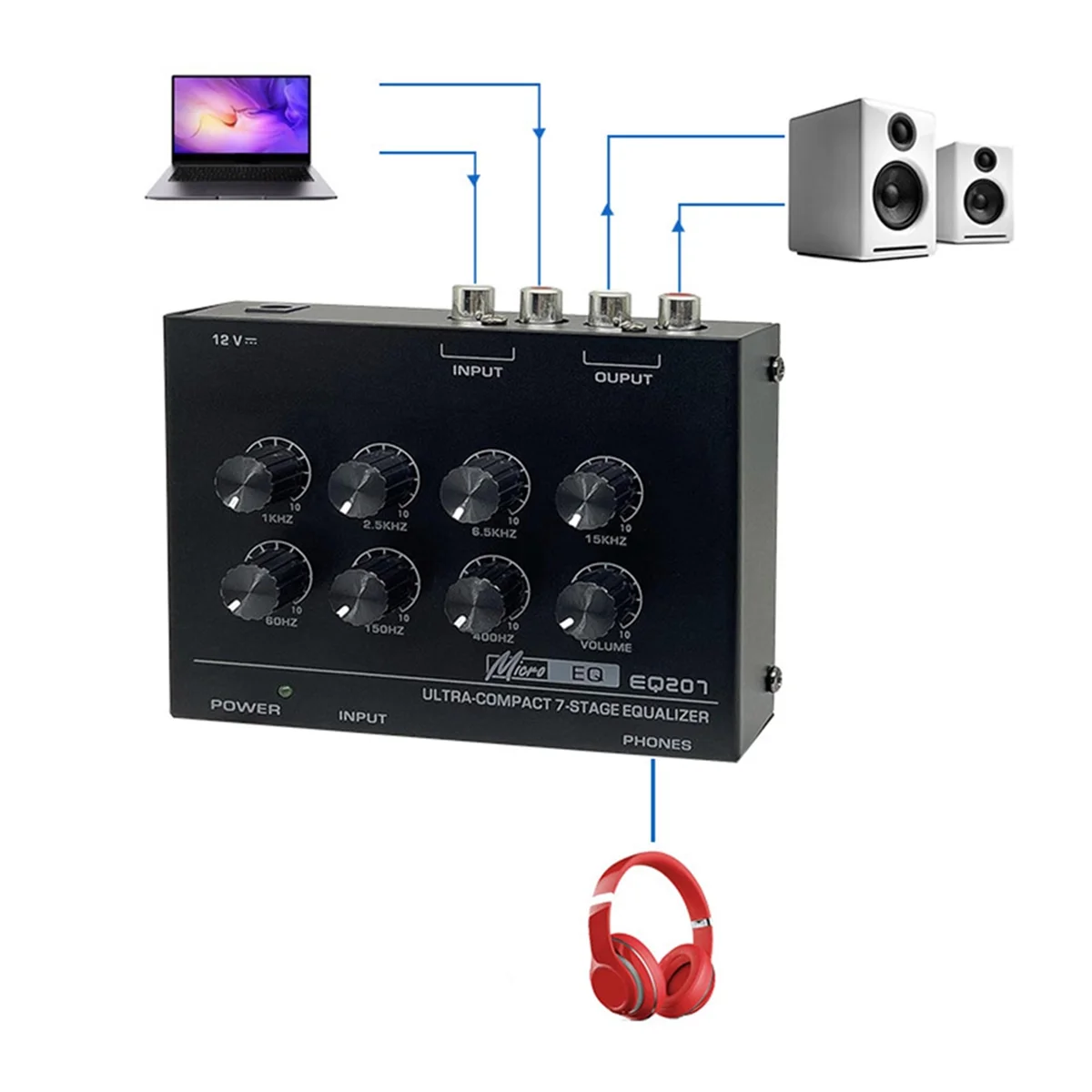 ABJG-Preamp EQ207 Ecualizadores de 7 bandas Modificadores de sonido Mezclador de audio de entrada de alimentación DC12V