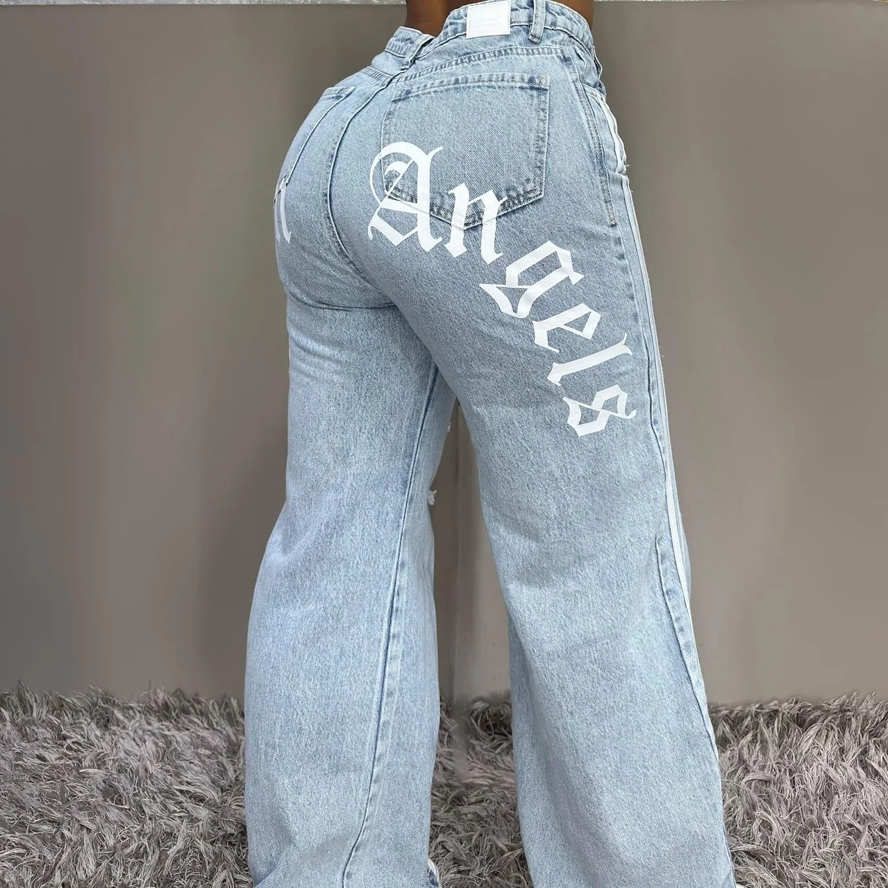 High Street Classic Baggy Element Blue Hole Jeans American Style Streetwear Stripe Straight Pants Casual Wide Leg Pants