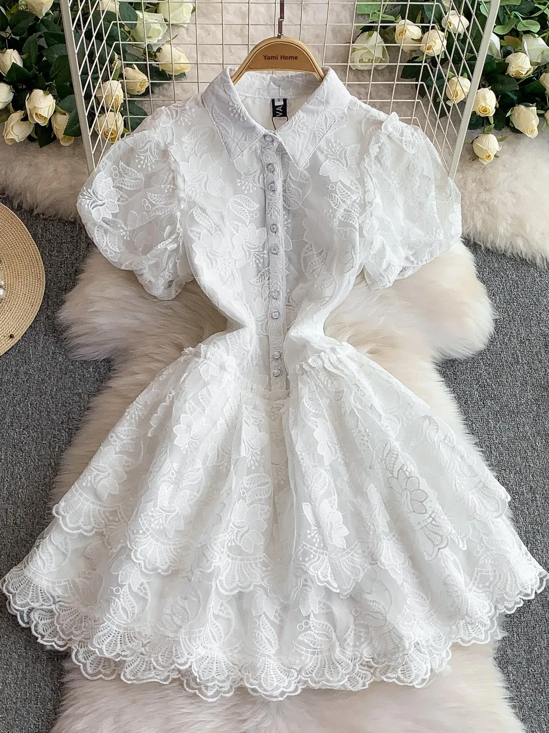 فستان صيفي نسائي بتصميم أميري مع ياقة مطرزة وأكمام منتفخة وزر واحد وتنورة ضيقة #3