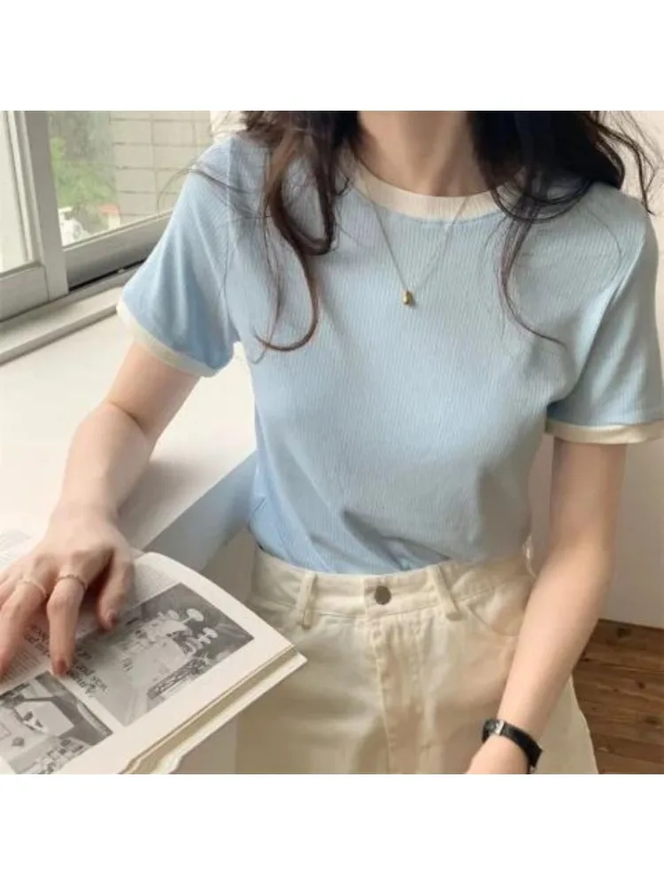 Fashion Round Neck Solid Color Casual Short Sleeved Women's T-shirt Summer New Korean Casual Top