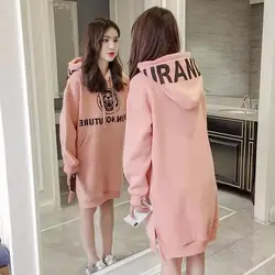 Oversized Female Casual Korean V-neck Long Sleeve Hoodies Dresses Women Clothing All-match Letter Loose Lacing Midi Dress Winter