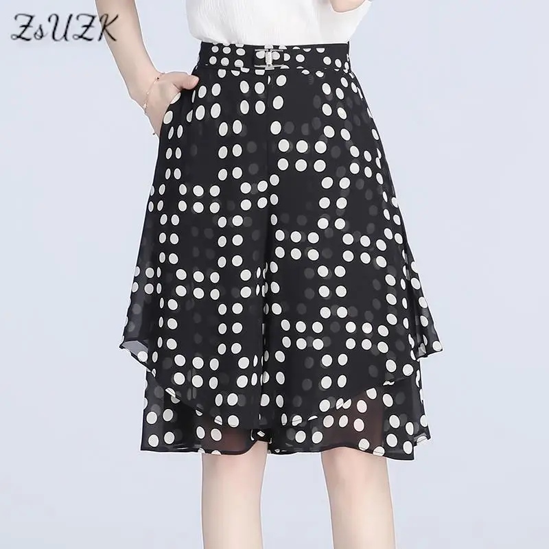 ZUZK Polka Dot Chiffon Skorts For Women Summer Cool Fashion Elastic Wiast Knee-length Pants  Elegant Loose Wide Leg Short Pants