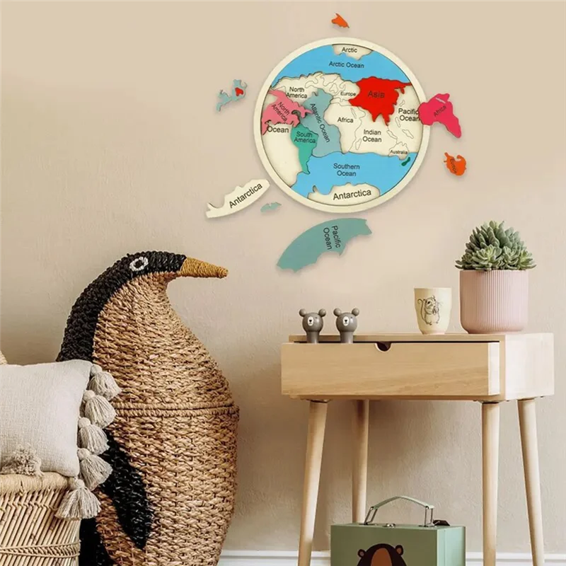 AS96-Montessori خشبية خريطة العالم لغز للأطفال 3-6 التعلم الجغرافي التفاعلي مع القارات المحيطات بانوراما خشبية
