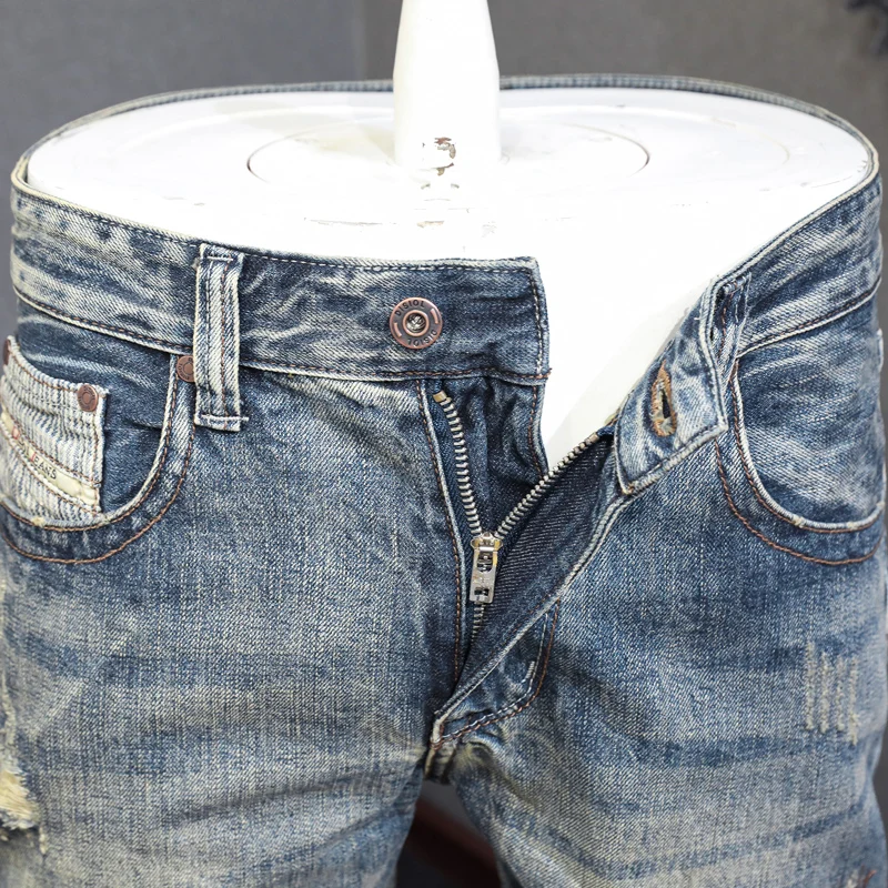 Newly Vintage Fashion Men Jeans High Quality Retro Washed Blue Slim Fit Ripped Jeans Men Embroidery Patched Designer Denim Pants