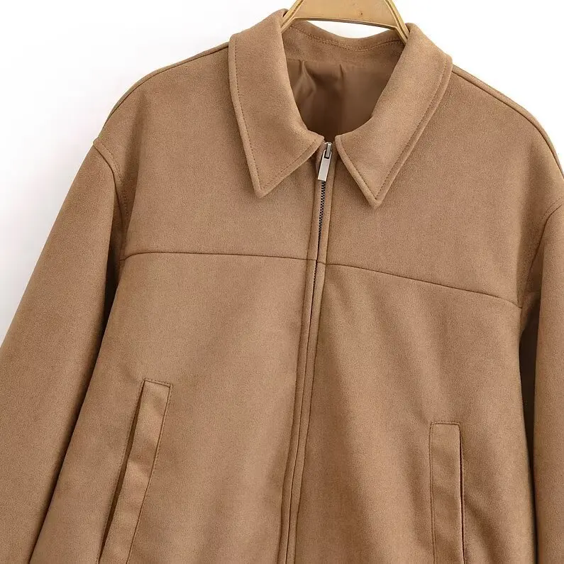 Faionable tela de gamuza piloto Jaet prendas de vestir exteriores para mujer otoño nuevo Sle 2025 moda todo fósforo cierre de cremallera abrigo largo Sve