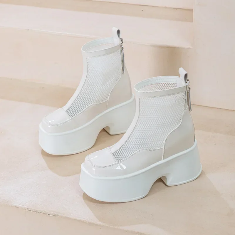 11cm Air Mesh Patent Leather Boots Chimney Summer Motorcycle Sandals Hollow Ankle Booties Women Moccasins Fashion Shoes